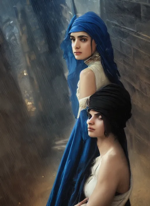 Image similar to a Photorealistic dramatic hyperrealistic render of an arab ameera al taweel, blue eyes, black hair, white veil,by WLOP,Artgerm,Greg Rutkowski,Alphonse Mucha, Beautiful dynamic dramatic dark moody lighting,shadows,cinematic atmosphere,Artstation,concept design art,Octane render,8K