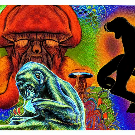 Image similar to stoned ape theory, psilocybin mushrooms, abstract, evolution