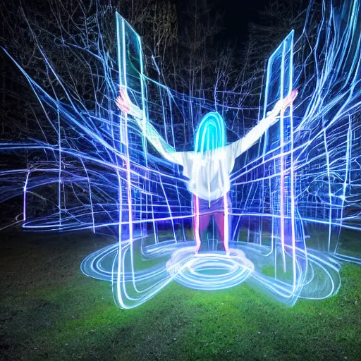 Prompt: opening a dark dimension portal ritual with a long exposure light painting