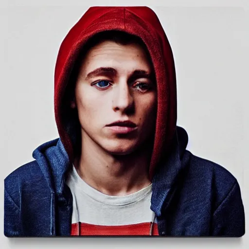 Prompt: “a small man with short brown hair and dark blue eyes wearing a plain red hoodie and ripped blue jeans, looking down nervously. Photorealistic with a white background, with the man in the photo casting a dim shadow.”