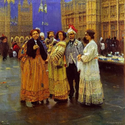 Prompt: the houses of parliament, 1915, brightly colored highly detailed oil on canvas, by Ilya Repin