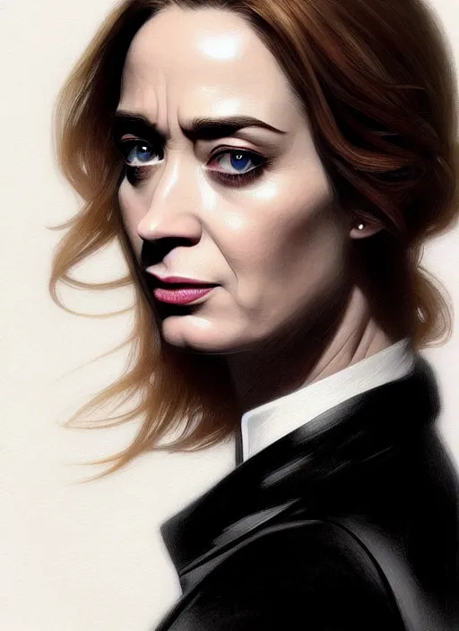 Image similar to portrait of a cat eyed emily blunt as business woman, black suit, white shirt, black tie, intricate, headshot, highly detailed, digital painting, artstation, concept art, sharp focus, cinematic lighting, illustration, art by artgerm and greg rutkowski, alphonse mucha, cgsociety