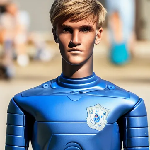 Image similar to a realistic detailed photo of a guy who is an attractive humanoid who is half robot and half humanoid, who is a male android, soccer player martin ødegaard, shiny skin, posing like a statue, blank stare, by the pool, on display, showing off his muscles, humanoid robot, hypnotized