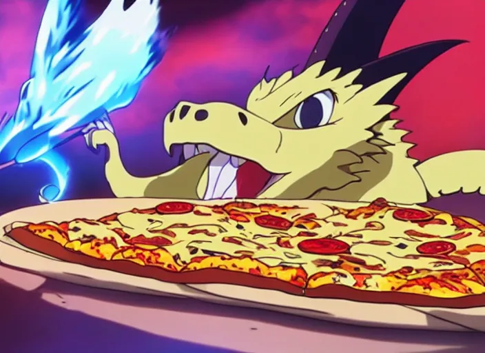 Image similar to anime film still of a dragon eating a pizza, 8 k