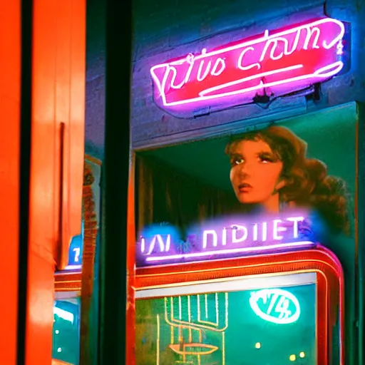 Image similar to vertical movie frame portrait of girl in 5 0's retro restaurant interior, neon - decorated urban on night in the city seen through the window, modern interior design, architectural design, vintage, night blade runner, dark, postapocalyptic, clean lines, 4 k, octane, lunarcore city at distance, big windows, octane, wide angle