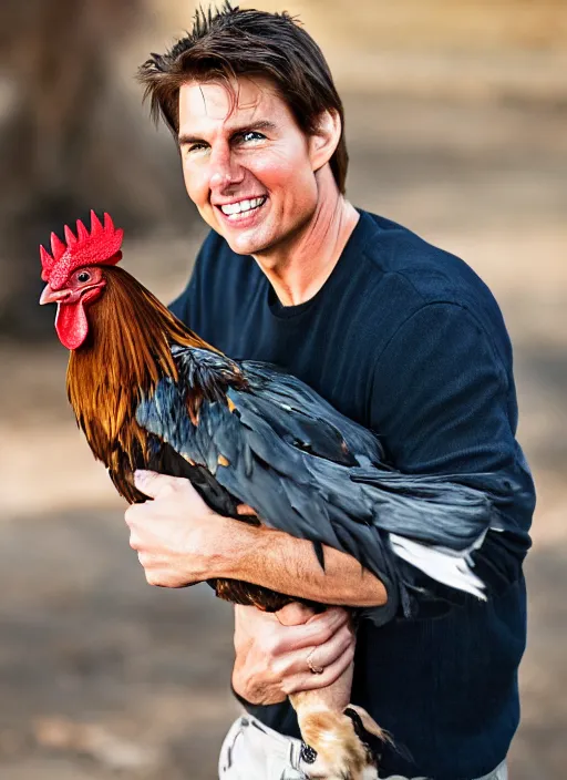 Prompt: a professional photo of tom cruise holding a rooster, f / 1. 4, 9 0 mm