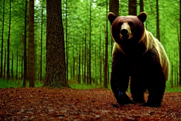 Image similar to a movie still of a bear in a forest by walerian borowczyk, immoral tales, grain, technicolor, high definition, remastered, wide angle, 7 0 mm, wide shot, cinematic