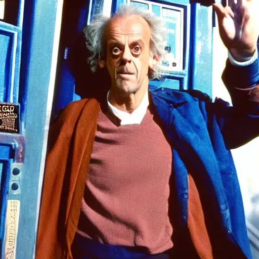 Prompt: christopher lloyd as doctor who in front of tardis, directed by james cameron, 1 9 9 9