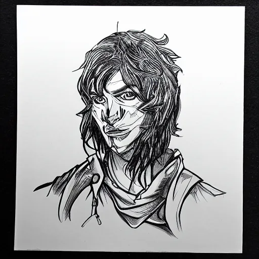 Prompt: character portrait, rogue, penned in cyan ink