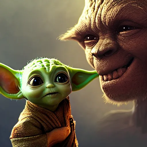 Prompt: babyyoda ( 2 0 2 1 ) and babygroot ( 2 0 1 7 ) are friends. photorealistic, digital art, epic fantasy, dramatic lighting, cinematic, extremely high detail, cinematic lighting, trending, artstation, cgsociety, 3 d ue 5, 4 k, hq