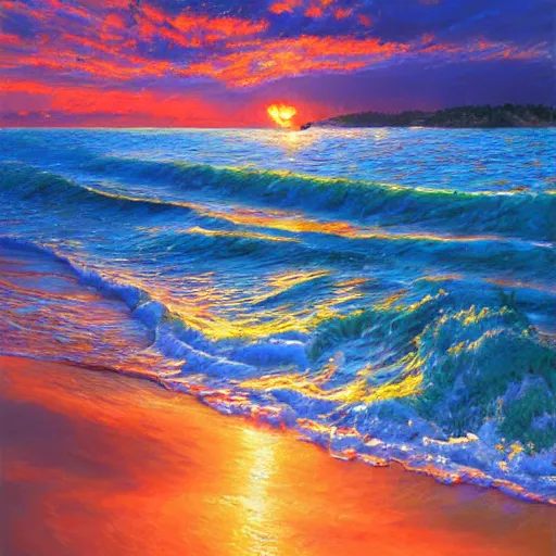 Image similar to acrylic painting, impressionism and expressionism, strong emotional impact, bold pastel colors, expressive brushstrokes. by peter mohrbach and mark keathley. fantasy illustration of the shore of the island of monuments and statues. spectacular sunset. beautiful and vivid trending on artstation hq 8 k contest winner # wow