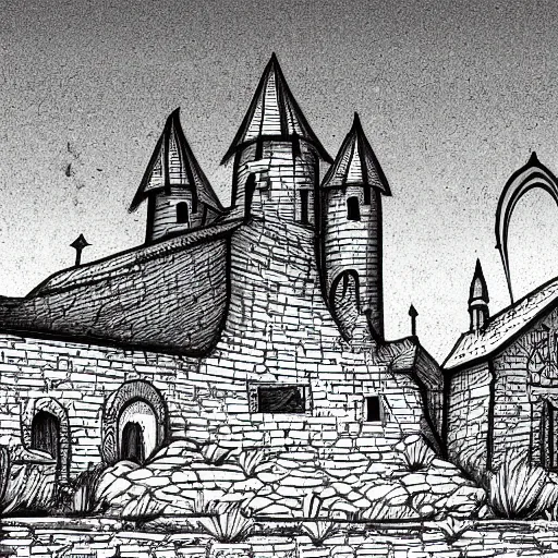 Prompt: medieval building in a field, worms eye view, in the art style of black canvas and white lineart