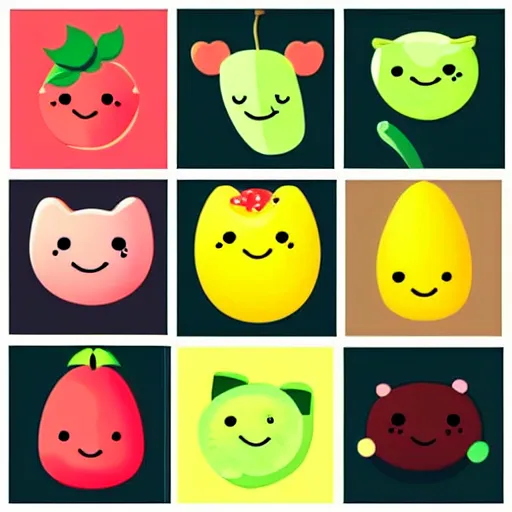 Image similar to a set of kawaii fruits isolated on white background, stylized, cartoon, cute, vector graphics, trending on pinterest, featured on artsation, high quality, smooth graphics, fine edges,