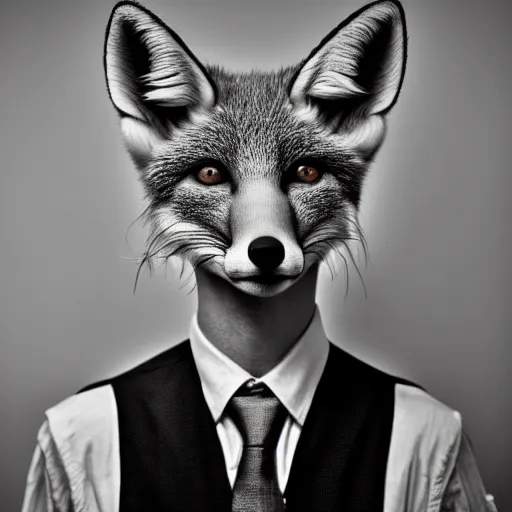 Prompt: portrait of a humanoid fox detective, studio portrait photography, studio lighting, black - and - white photograph, film noir, 4 k