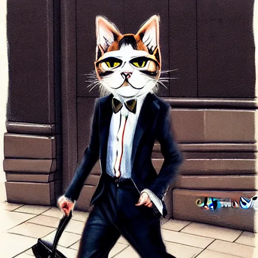 Prompt: sophisticated cat wearing a suit walking to work in London city 1980, full body, 80s London city, digital painting, baroque, sc-fi, realistic, hyperdetailed, chiascuro, concept art, art by art by Franz Hals and Jon Foster and Ayami Kojima and Amano and Karol Bak