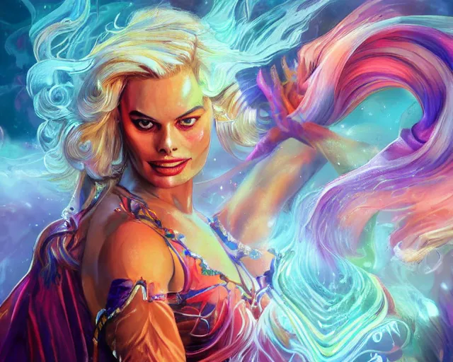 Image similar to margot robbie as a beautiful magician casting colorful spells, fantasy art, in the style of JAMES MCCARTHY, illustration, epic art, fantasy, intricate, elgant, amazing detail, digital painting, artstation, concept art, smooth, sharp focus