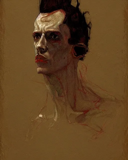 Image similar to portrait of mephisto by greg rutkowski in the style of egon schiele