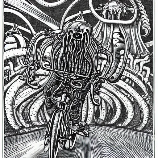 Image similar to cthulhu rides his single speed bicycle to work in a detailed hellscape, hr giger illustration