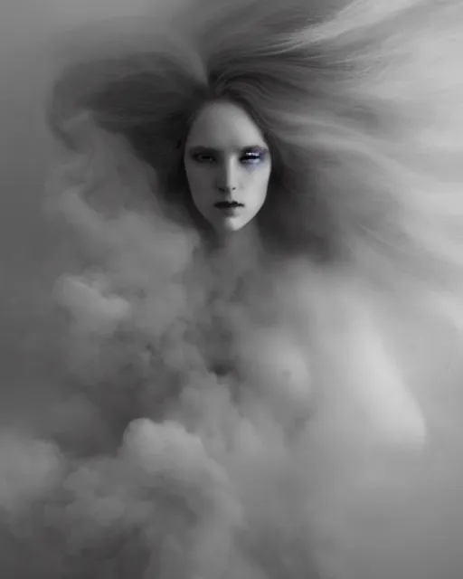 Image similar to monochrome, dreamy, subsurface scattering, white, young beautiful goddess in cosmos with very long white hair floating in air, fluid smoke art, black and white, octane render, dino valls, mark ryden, joe fenton, michal karcz, highly detailed, rim light, art, cinematic lighting, very coherent, hyper realism, 8 k