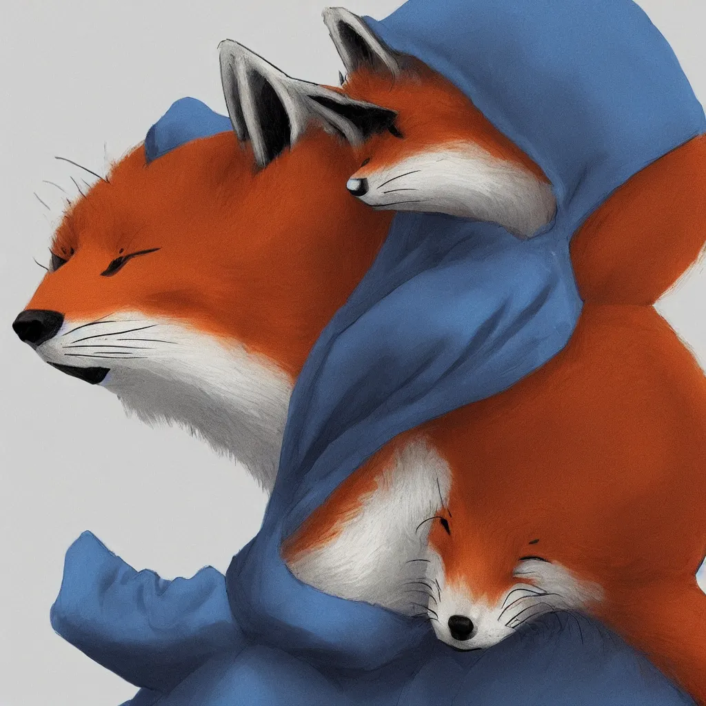 Image similar to a closeup profile shot of an anthropomorphic fox in a blue hoodie sitting in front of the computer, dark tones, concept art, digital art, highly detailed, anime, by hayao miyazaki