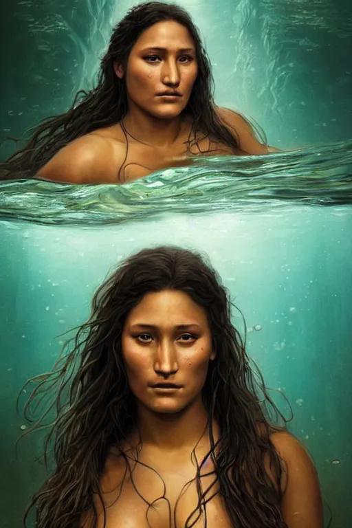 Image similar to a beautiful portrait of q'orianka kilcher as a mermaid in a river of the amazon, hyper realistic face, beautiful eyes, fantasy art, in the style of greg rutkowski, intricate, hyper detailed, smooth