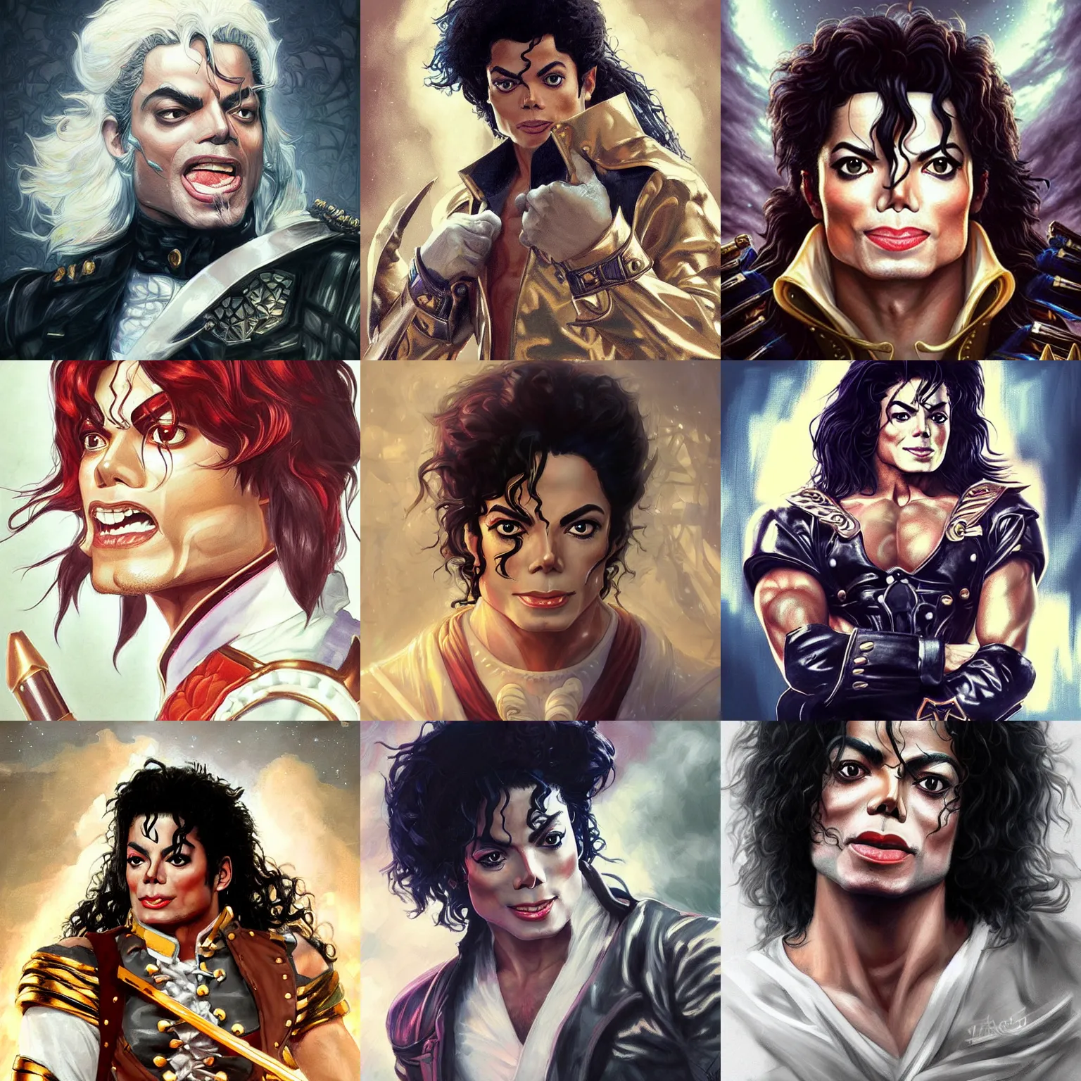 Prompt: michael jackson! sailor moon! very close portrait of angry rugged barbarian, muscular, upper body, 👅 👅 , D&D, fantasy, intricate, elegant, highly detailed, digital painting, artstation, concept art, smooth, sharp focus, illustration, art by artgerm and greg rutkowski and alphonse mucha