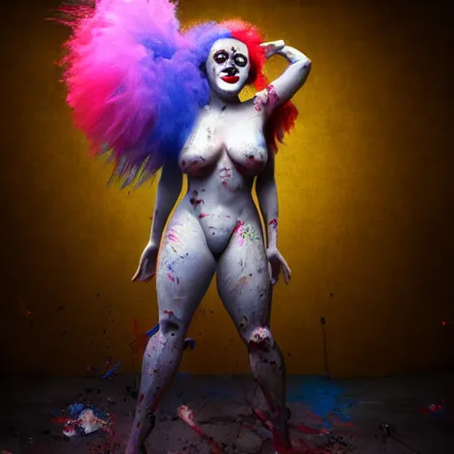 Image similar to full body pose, hyperrealistic mixed media painting of a seductive clown, dim volumetric lighting, 8 k, octane beautifully detailed render, extremely hyper detailed, intricate, epic composition, cinematic lighting, masterpiece, trending on artstation, very very detailed, masterpiece, stunning, hdr, smooth, sharp focus, high resolution, award, winning photo, dslr, 5 0 mm
