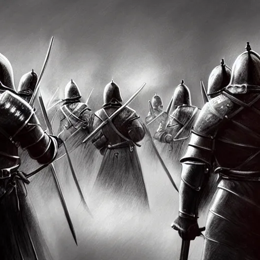 Image similar to realistic, 5 medieval knights, soldiers, in line, pikes, hellbards, banner, flag, mist, picture from behind, epic, digital art, illustration, fantasy, realistic sketch, dark