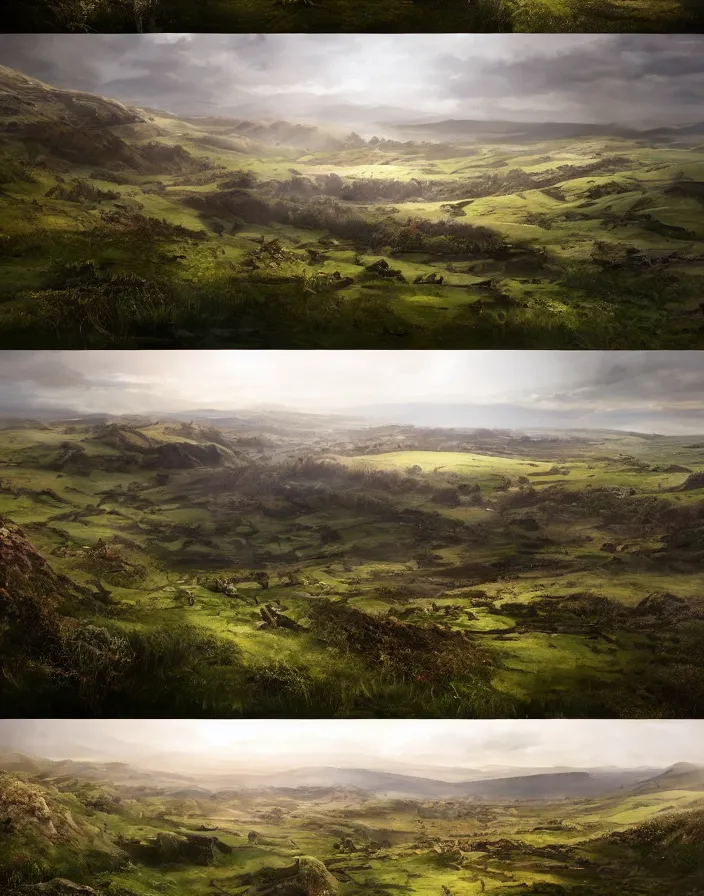 Image similar to epic views of the british countryside, concept art, trending on artstation, photorealistic, cinematographic, epic lighting,