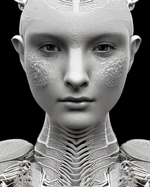 Image similar to bw close - up profile face, black background, beautiful porcelain vegetal dragon cyborg young female, 1 5 0 mm, beautiful natural soft rim light, silver gold details, magnolia leaves and stems, roots, fine lace, mandelbot fractal, elegant, ultra detailed, white metallic armour, octane render, h. r. giger style