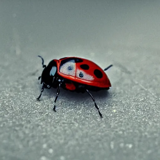 Image similar to a ladybug with six legs and a black head crawling on a sidewalk, it is night and raining, bushes in the background, street lamps are illuminating the street, moody lighting, peaceful atmosphere, digital art, highly detailed, high contrast, beautiful lighting, award winning, trending on art station, 8 k,