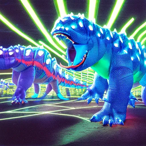 Image similar to electric blue scaled glowing baby dinosaurs in tron movie, cinestill