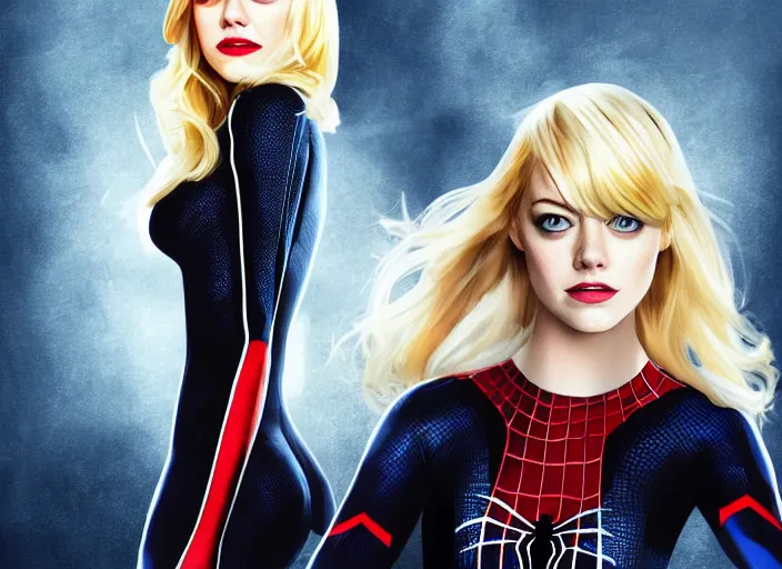 Image similar to Emma stone is gwen stacy spider man, spider woman, Emma stone with blond hair, blond, full body photo, in gwen stacy spider suit, white spider suit, smooth face, posing for camera, cinematic, epic background action pose, hyper realism, artstation, 8k, photoshoot