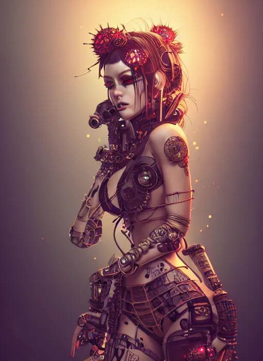 Image similar to soft lustrous geisha raver gutter punk gothic steampunk cyborg, golden ratio, details, scifi, fantasy, cyberpunk, intricate, decadent, highly detailed, digital painting, octane render, artstation, concept art, smooth, sharp focus, illustration, art by artgerm, loish, wlop