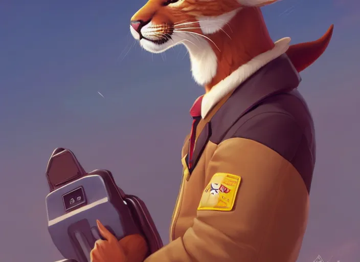 Image similar to character portrait feature of the anthro female anthropomorphic puma fursona wearing airline pilot outfit uniform professional pilot for delta airlines character design stylized by charlie bowater, ross tran, artgerm, and makoto shinkai, detailed, soft lighting, rendered in octane
