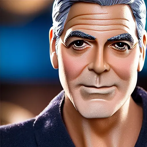 Image similar to George Clooney as a male barbie doll, Mattel, studio product photography, professional, detailed, f/8.0