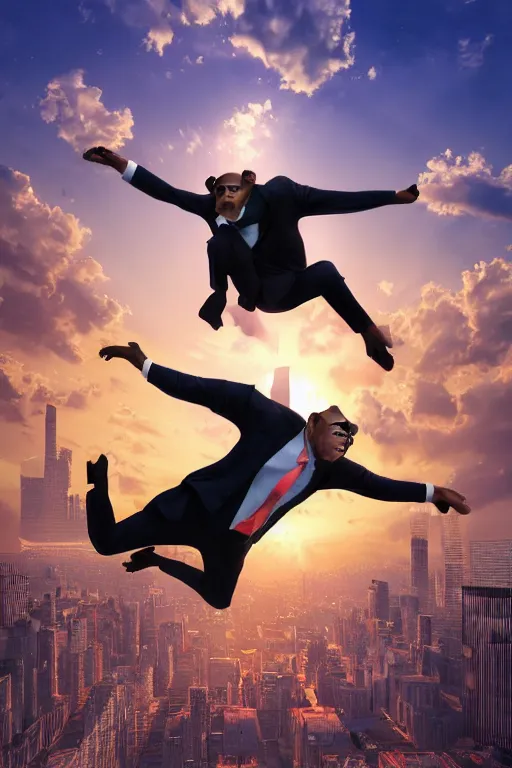 Prompt: monkey wearing formal suit jumping over skyscraper, skyline showing, 8k hyper realistic, sunset, volumetric rays, fine art, artstation, matte painting, masterpiece by vasnetsov