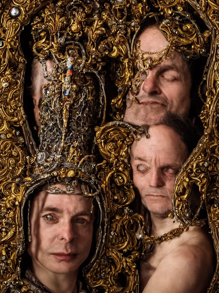 Image similar to a high-resolution color-chrome extreme closeup portrait photo of a medieval priest, kissing a incredible elegant pale renaissance rococo Queen, with ornate jewelled, rococo Queen, sci-fi, high-tech, beautiful low light, style Steve McCurry Octane render 8k