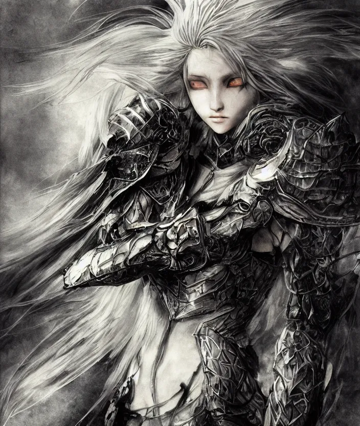 Image similar to Yoshitaka Amano realistic illustration of an anime girl with wavy white hair and cracks on her face wearing dark souls armour with the cape fluttering in the wind, abstract black and white patterns on the background, noisy film grain effect, highly detailed, Renaissance oil painting, weird portrait angle