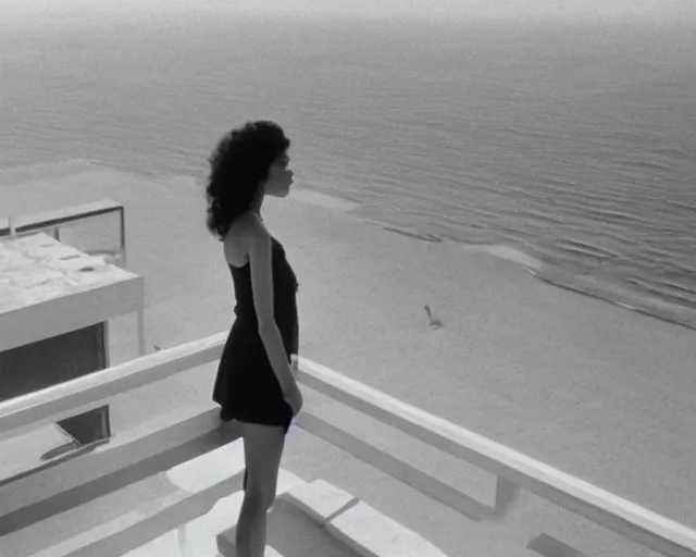 Prompt: a still of a young woman standing on a huge concrete white balcony, high above the ground, of a minimalist brutalist beach house, outside view, angle, clear sky and background, in the music video Wrapped Around your Finger (1983)