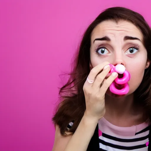 Prompt: Woman with brown hair blowing bubblegum, staring at the camera, eyes wide open, pink background