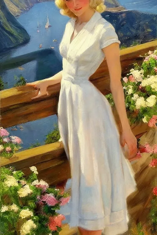 Image similar to 1950s beautiful!!! blonde looking over a Norwegian fjord, aesthetic!!! painting by Vladimir Volegov