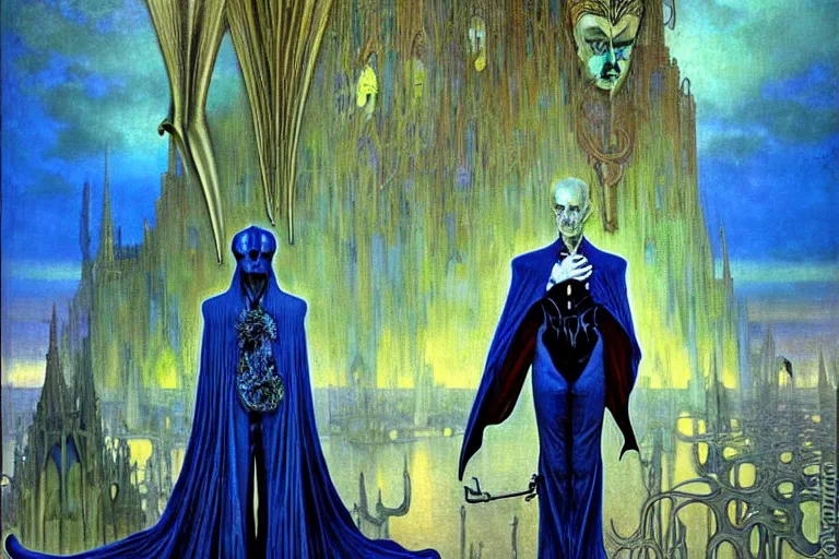 Prompt: realistic extremely detailed portrait painting of an elegantly creepy vampire man in a cape, futuristic sci-fi castle on background by Jean Delville, Amano, Yves Tanguy, Alphonse Mucha, Ernst Haeckel, Edward Robert Hughes, Roger Dean, rich moody colours, blue eyes