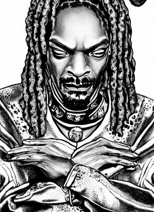 Image similar to Snoop Dogg as a knight, highly detailed, black and white, manga, art by Kentaro Miura