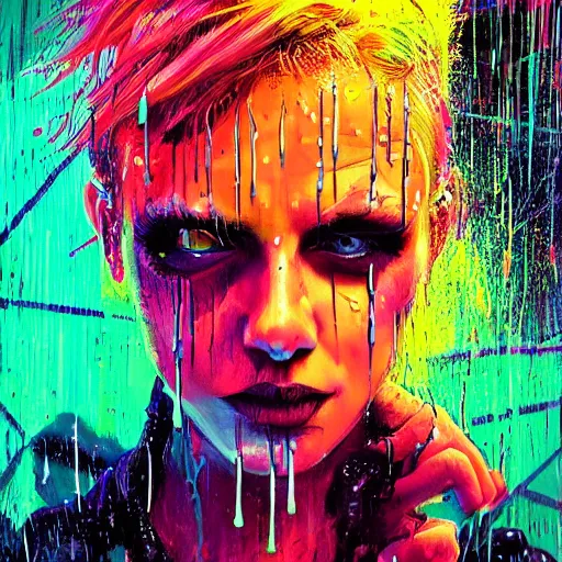 Image similar to splashes of neon, punk portrait made out of paint with rain in the background, trending on artstation, epic composition, emotional, beautiful, rendered in octane, highly detailed, realistic, tim burton comic book art, sharp focus, matte painting