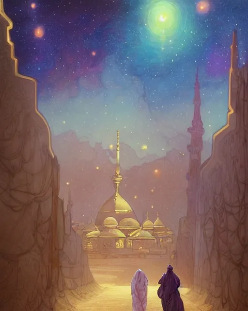 Image similar to bedouin man and woman and child in galaxy walking towards mosque surrounded by nebula, highly detailed, gold filigree, romantic storybook fantasy, soft cinematic lighting, award, disney concept art watercolor illustration by mandy jurgens and alphonse mucha and alena aenami, pastel color palette, featured on artstation