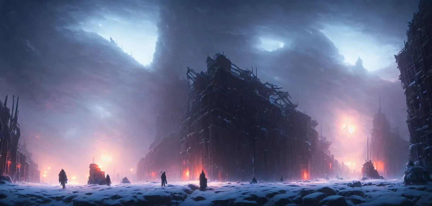 Image similar to frostpunk portal, cinematic view, epic sky, no people, detailed, concept art, high detail, warm lighting, volumetric, godrays, vivid, beautiful, trending on artstation, by jordan grimmer, huge scene, art greg rutkowski