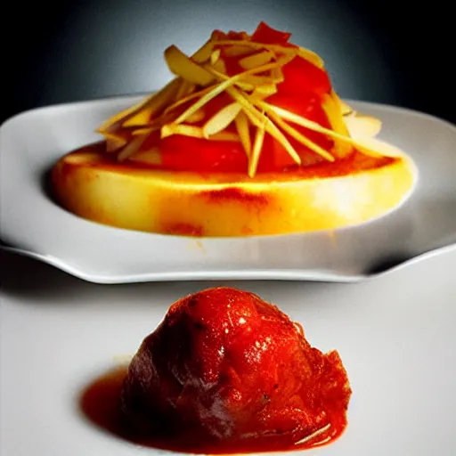 Image similar to El Bulli dish - Potato with Ketchup, food photography, award winning, mind-bending