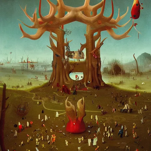 Prompt: the glory of the red antlers, by simon stalenhag in the style of hieronymus bosch