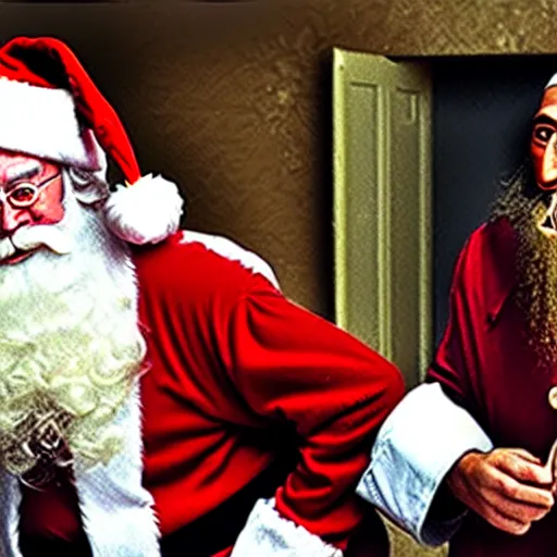 Image similar to uhd candid photo of santa claus and bin laden making an ied. correct faces, intricate details, hyperdetailed, accurate faces. photo by annie leibowitz